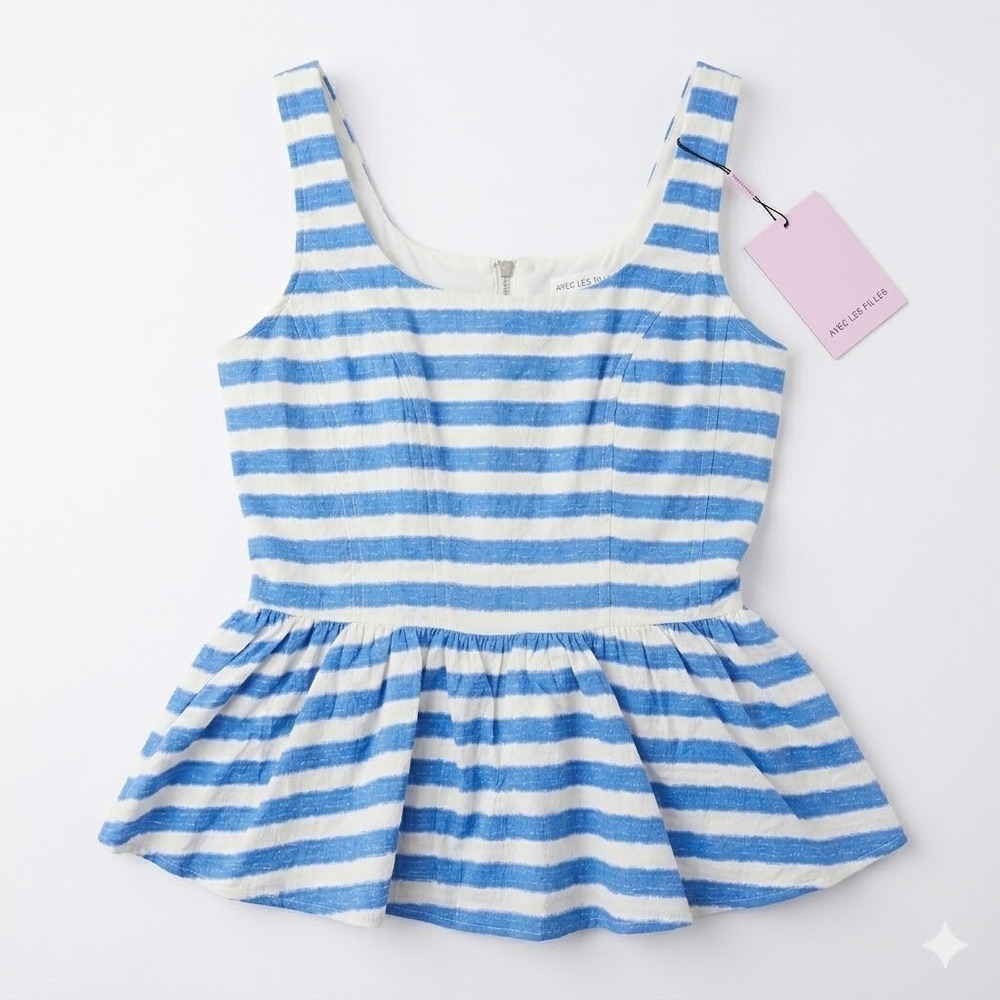 Avec Les Filles Striped Peplum Tank Top Coastal Chic Size M NWT